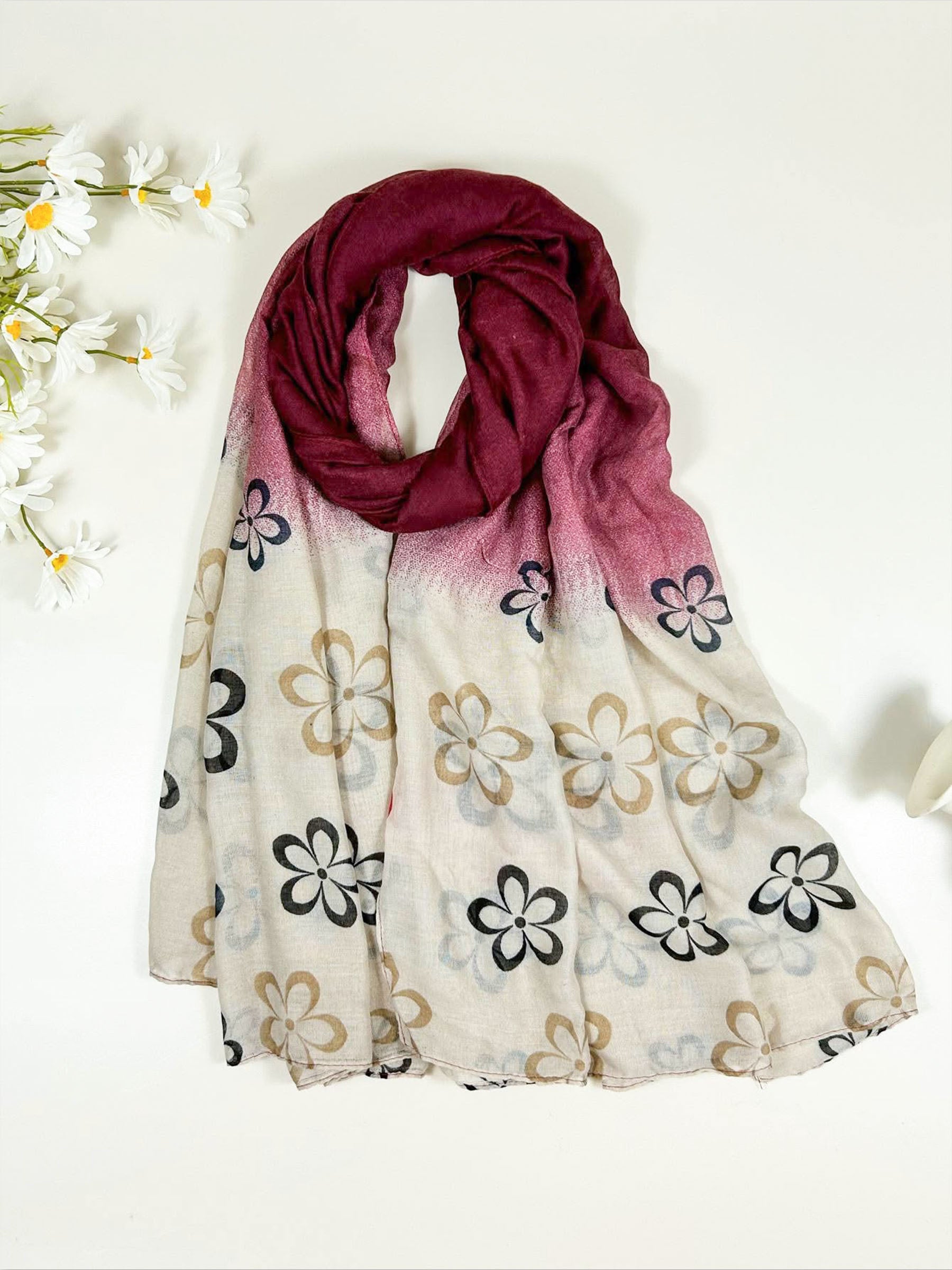 Bufanda de flores de otoño, burdeos